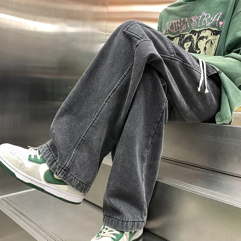 Loose Straight Jeans Men's Retro New Stretch Waist Jeans Fashion High Street Men's Pants Men's Pants Street Wear Joggers Men