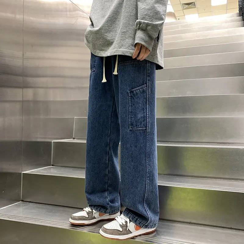 Loose Straight Jeans Men's Retro New Stretch Waist Jeans Fashion High Street Men's Pants Men's Pants Street Wear Joggers Men