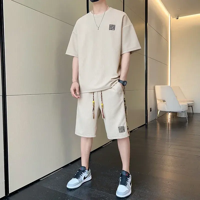 2025 Waffle Print 2 Piece Men Shorts Set Harajuku Style Fashion Loose Fit Sweatsuit Summer New Tracksuit Male's Fashion Clothing
