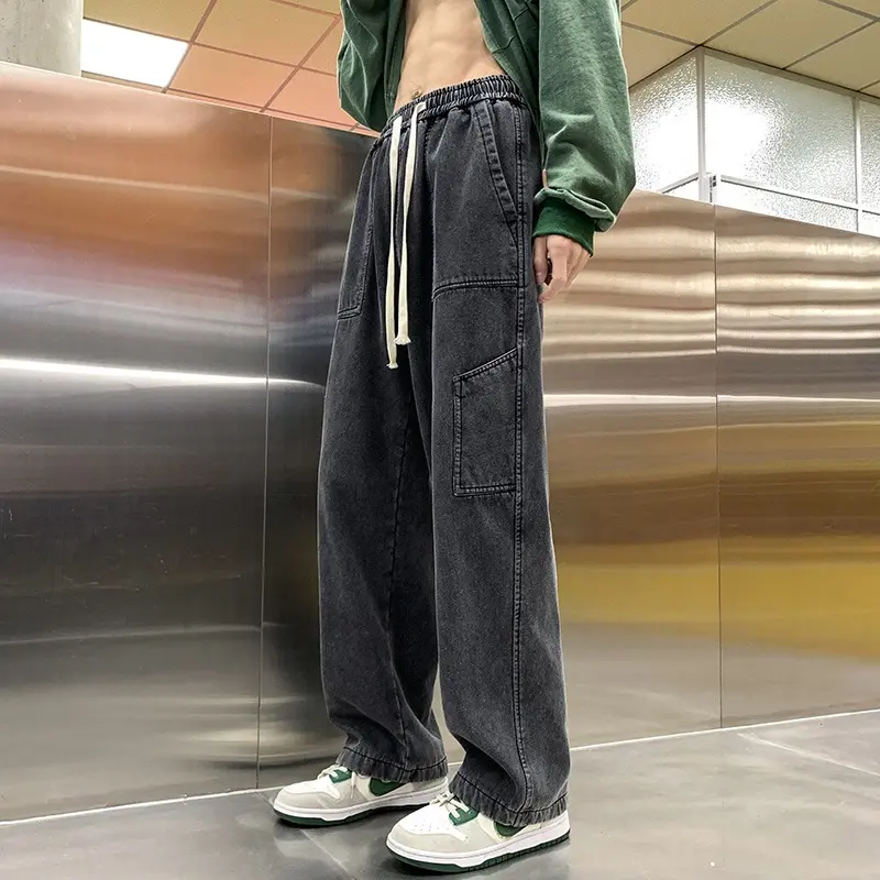 Loose Straight Jeans Men's Retro New Stretch Waist Jeans Fashion High Street Men's Pants Men's Pants Street Wear Joggers Men