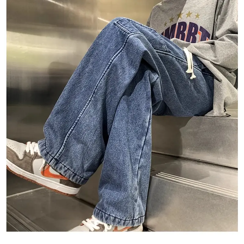 Loose Straight Jeans Men's Retro New Stretch Waist Jeans Fashion High Street Men's Pants Men's Pants Street Wear Joggers Men