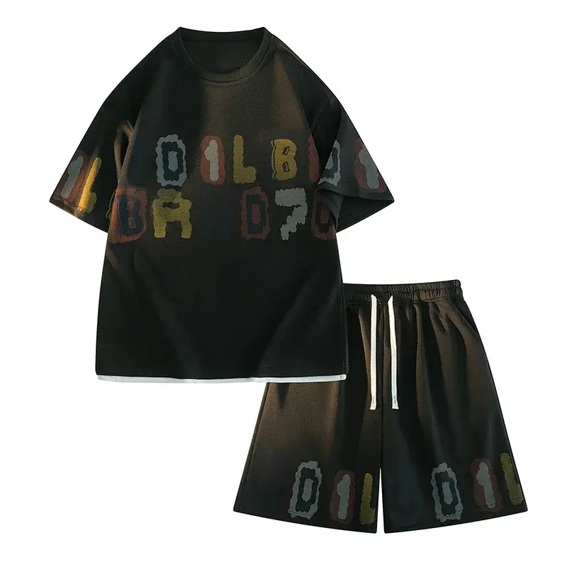 Summer Men Tracksuit Sets Oversized Streetwear Letter Printed T Shirts Shorts 2 Piece Sets Hip Hop Rock Casual Short Suit Shirts