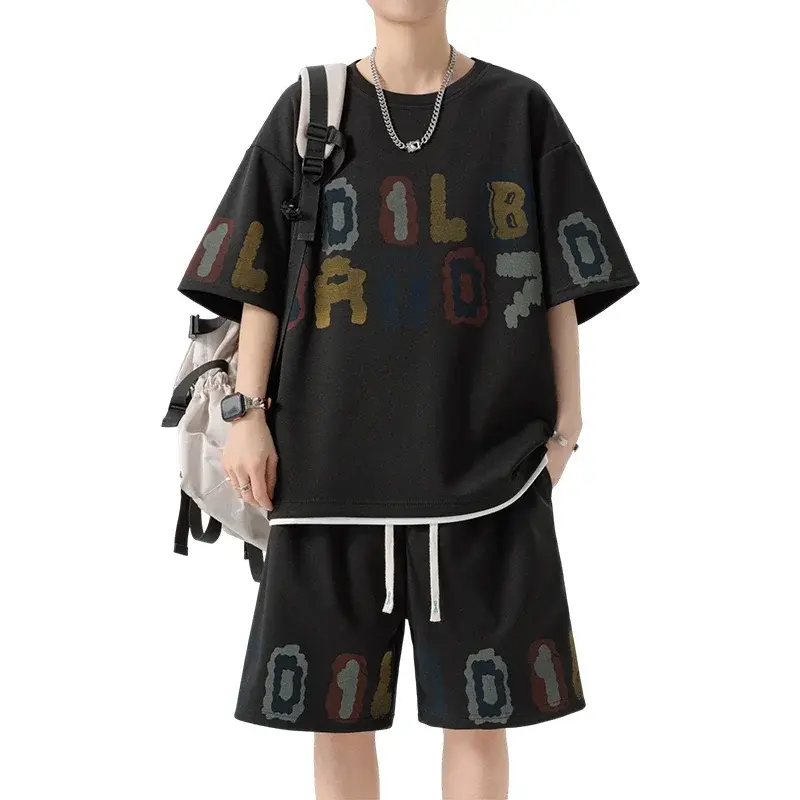 Summer Men Tracksuit Sets Oversized Streetwear Letter Printed T Shirts Shorts 2 Piece Sets Hip Hop Rock Casual Short Suit Shirts