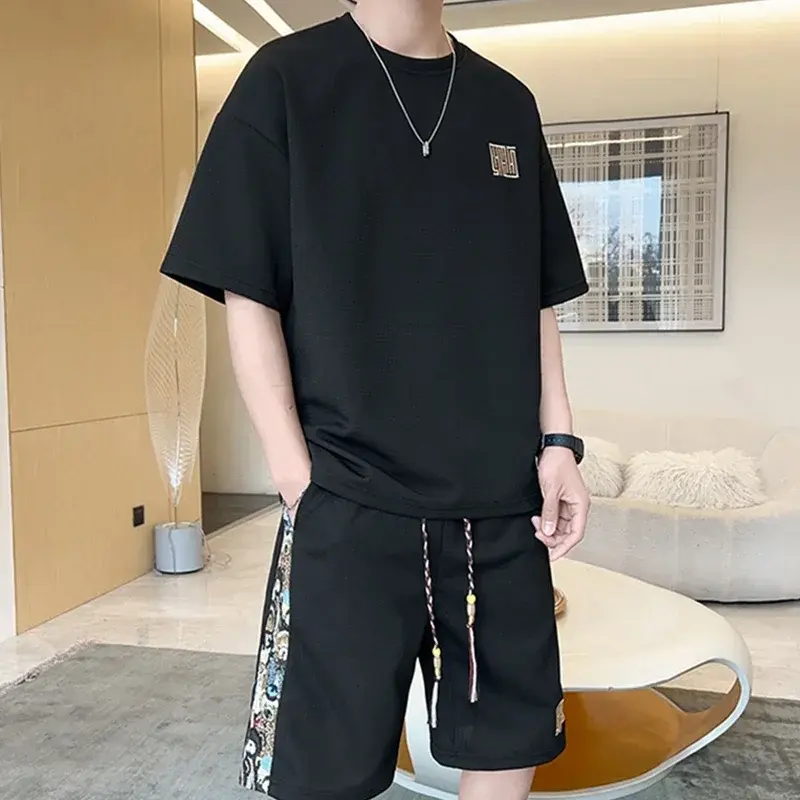 2025 Waffle Print 2 Piece Men Shorts Set Harajuku Style Fashion Loose Fit Sweatsuit Summer New Tracksuit Male's Fashion Clothing