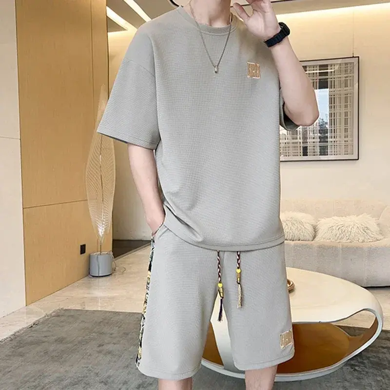 2025 Waffle Print 2 Piece Men Shorts Set Harajuku Style Fashion Loose Fit Sweatsuit Summer New Tracksuit Male's Fashion Clothing