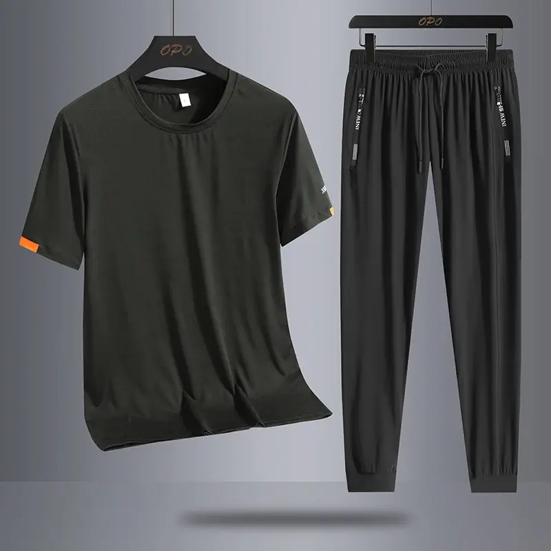 Ice Silk Quick Drying Set Sports Two Piece Set Male Trendy Ice Cool Mesh Quick Drying Breathable Short Sleeve T-shirt Long Pants