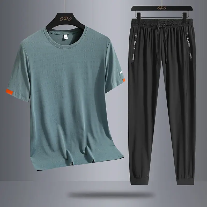 Ice Silk Quick Drying Set Sports Two Piece Set Male Trendy Ice Cool Mesh Quick Drying Breathable Short Sleeve T-shirt Long Pants
