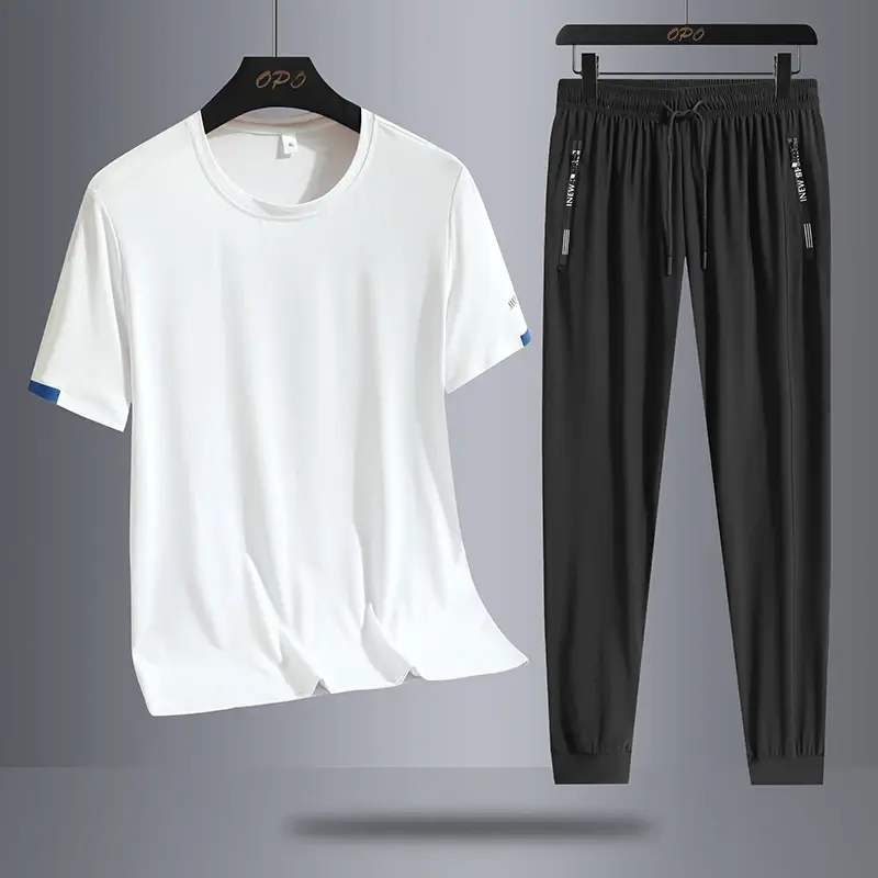 Ice Silk Quick Drying Set Sports Two Piece Set Male Trendy Ice Cool Mesh Quick Drying Breathable Short Sleeve T-shirt Long Pants