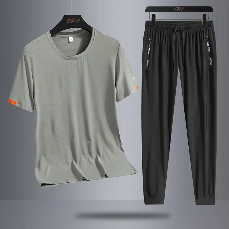 Ice Silk Quick Drying Set Sports Two Piece Set Male Trendy Ice Cool Mesh Quick Drying Breathable Short Sleeve T-shirt Long Pants