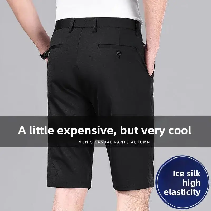 Men Shorts Ice Silk Suit Pants Anti-Wrinkle Busin West Pants Cool Breathable High Elastic Straight Leg Shorts Streetwear Pants