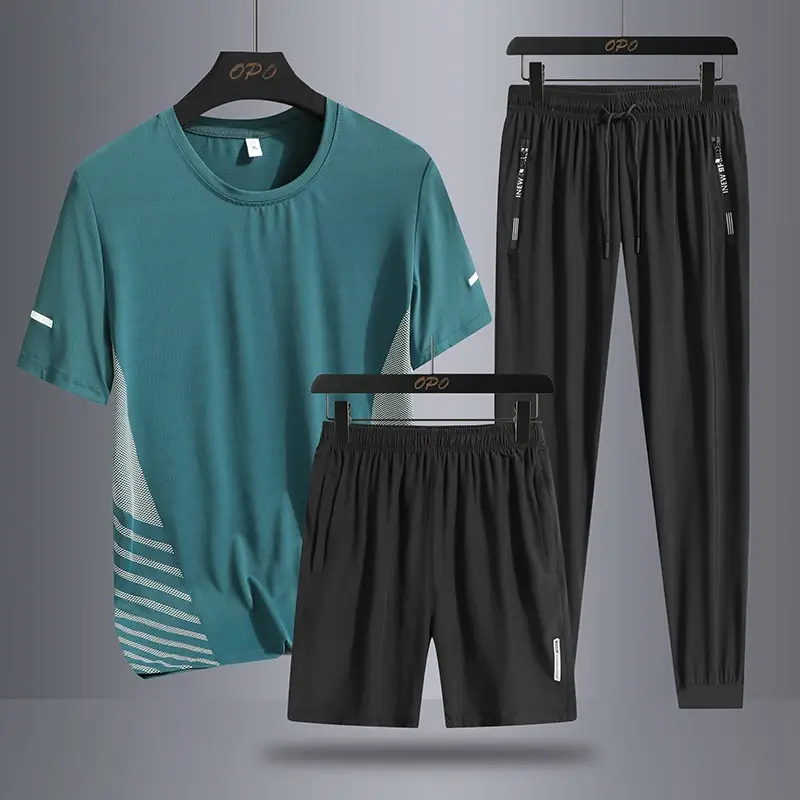 Men's Ice Silk Quick Drying Three Piece Set with Round Neck Short Sleeved T-shirt, Comfortable Sports Sets, Casual Pants, Shorts