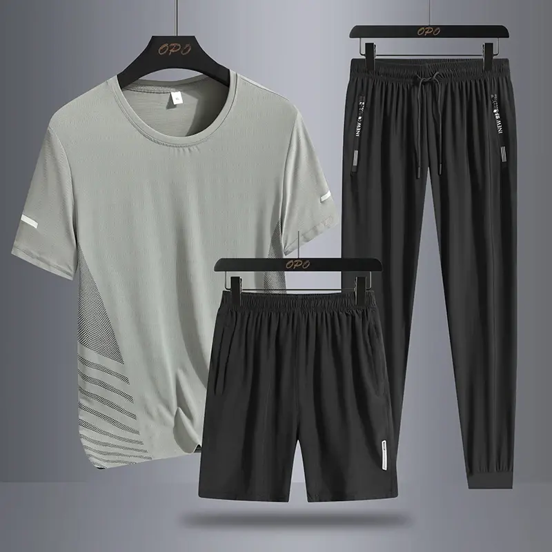 Men's Ice Silk Quick Drying Three Piece Set with Round Neck Short Sleeved T-shirt, Comfortable Sports Sets, Casual Pants, Shorts