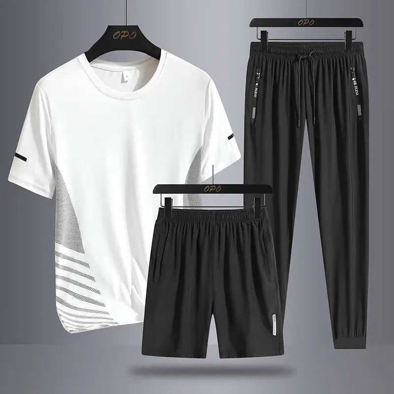Men's Ice Silk Quick Drying Three Piece Set with Round Neck Short Sleeved T-shirt, Comfortable Sports Sets, Casual Pants, Shorts