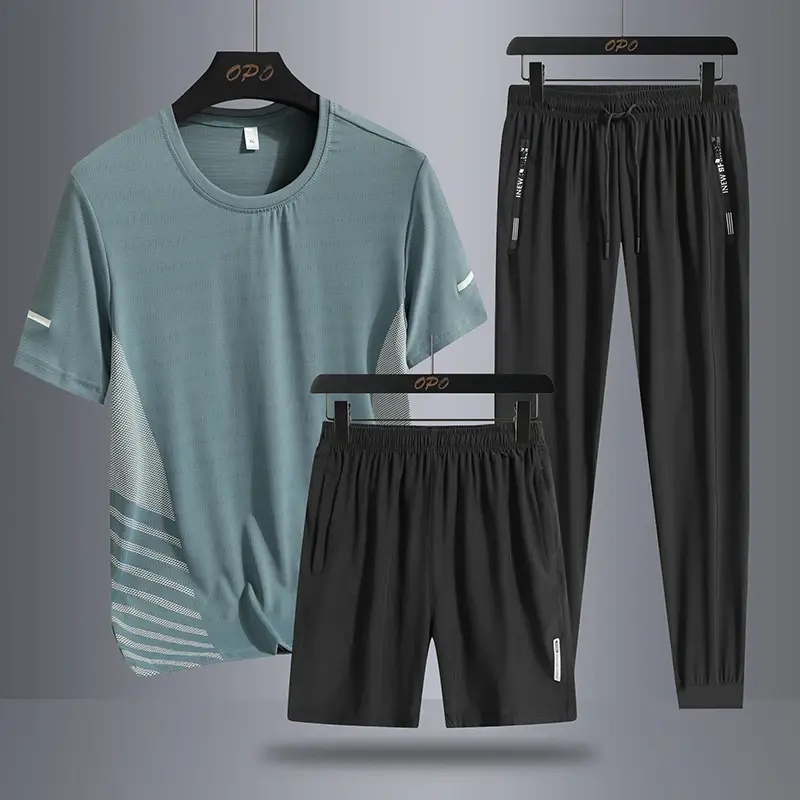 Men's Ice Silk Quick Drying Three Piece Set with Round Neck Short Sleeved T-shirt, Comfortable Sports Sets, Casual Pants, Shorts