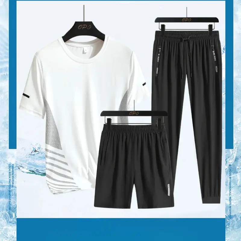 Men's Ice Silk Quick Drying Three Piece Set with Round Neck Short Sleeved T-shirt, Comfortable Sports Sets, Casual Pants, Shorts