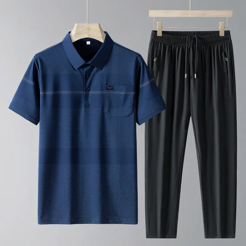 Simplicity Summer Ice Silk Elastic Waist Drawstring Pocket Pants Motion Sets Mens Polo Collar Plaid Button Short Sleeve Tops Men