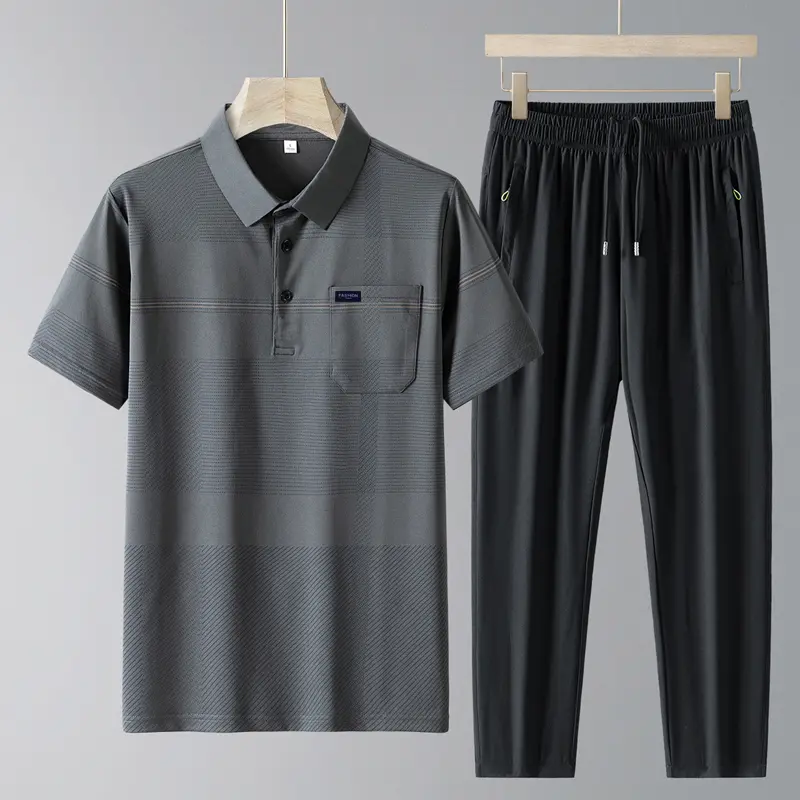 Simplicity Summer Ice Silk Elastic Waist Drawstring Pocket Pants Motion Sets Mens Polo Collar Plaid Button Short Sleeve Tops Men