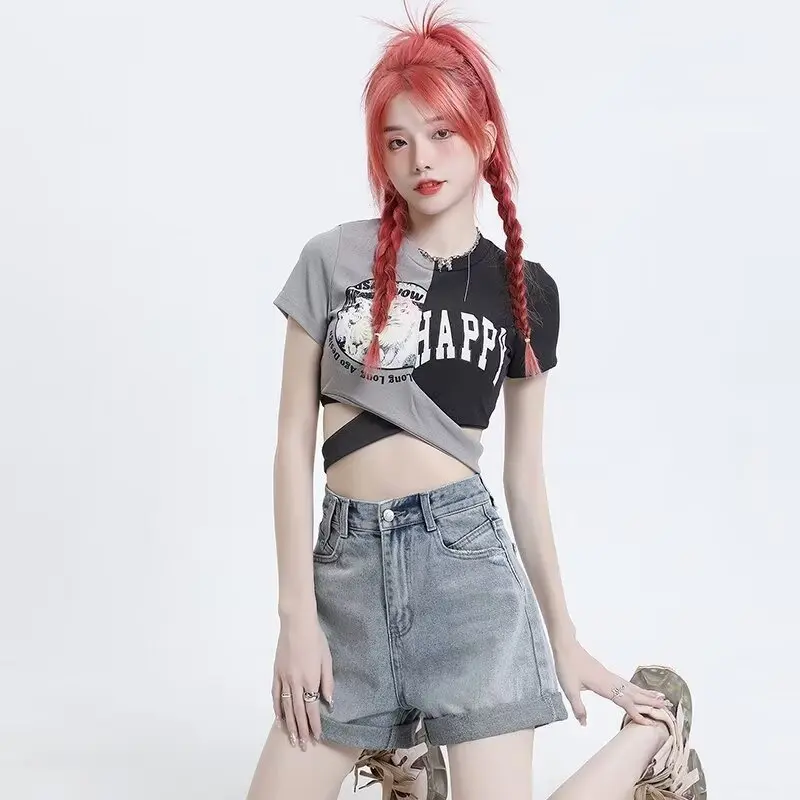 Summer High-waisted Loose Denim Shorts Denim Shorts Versatile  Women's Outdoor Casual Solid-color Straight-leg Slimming  Jeans