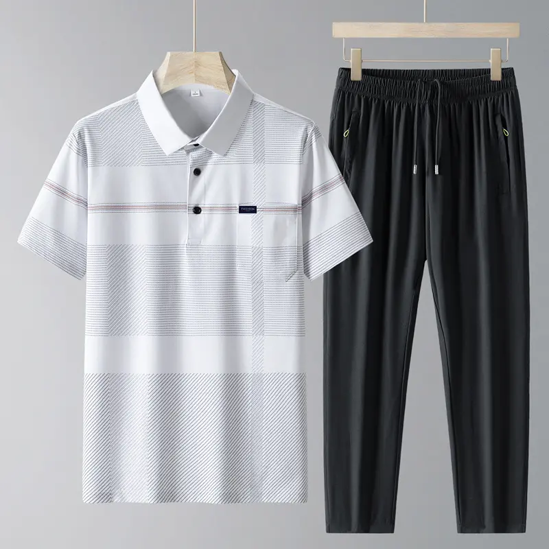 Simplicity Summer Ice Silk Elastic Waist Drawstring Pocket Pants Motion Sets Mens Polo Collar Plaid Button Short Sleeve Tops Men