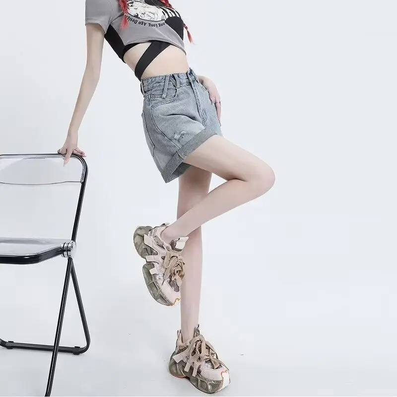 Summer High-waisted Loose Denim Shorts Denim Shorts Versatile  Women's Outdoor Casual Solid-color Straight-leg Slimming  Jeans
