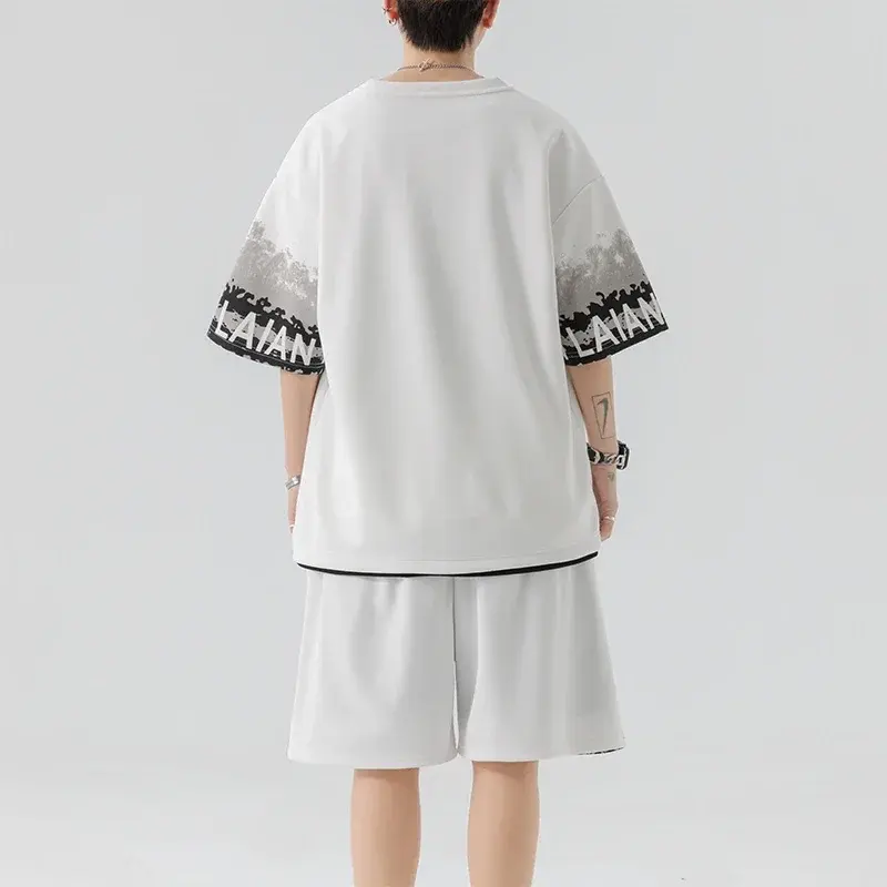 Short Sleeve T-shirt+Shorts Oversized 2-piece Sets 2025 Fashion Short Tracksuit Men Sports Wear Set Summer Streetwear Mens Print