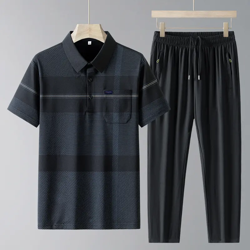 Simplicity Summer Ice Silk Elastic Waist Drawstring Pocket Pants Motion Sets Mens Polo Collar Plaid Button Short Sleeve Tops Men
