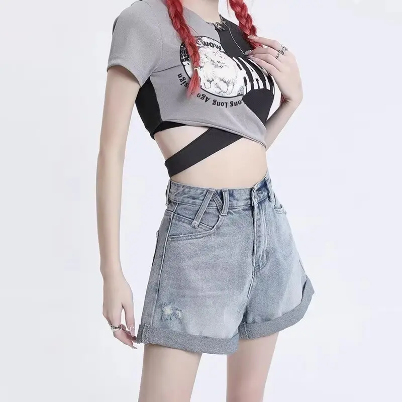 Summer High-waisted Loose Denim Shorts Denim Shorts Versatile  Women's Outdoor Casual Solid-color Straight-leg Slimming  Jeans