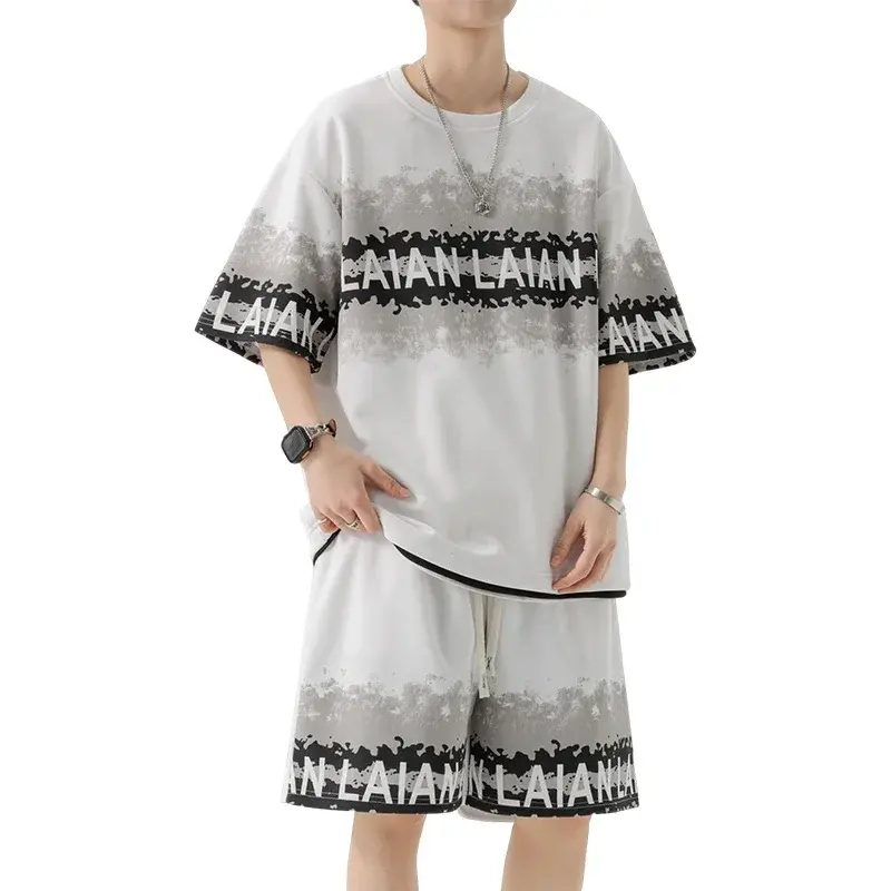 Short Sleeve T-shirt+Shorts Oversized 2-piece Sets 2025 Fashion Short Tracksuit Men Sports Wear Set Summer Streetwear Mens Print