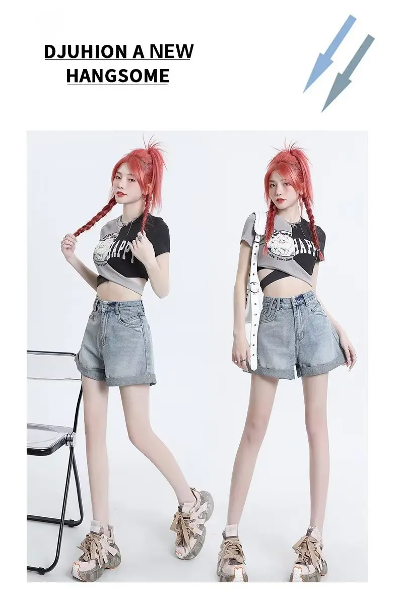 Summer High-waisted Loose Denim Shorts Denim Shorts Versatile  Women's Outdoor Casual Solid-color Straight-leg Slimming  Jeans