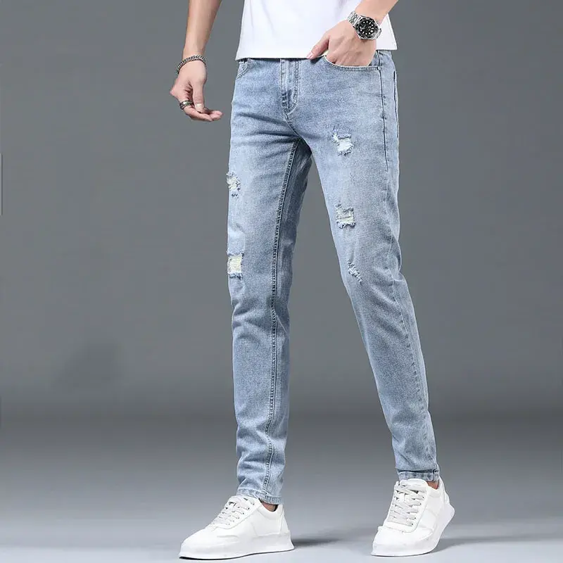 Blue Casual Jeans Luxury Men Spring Summer Stylish Korean Ripped Hole Stretch Men's Slim Work Denim Pants with Distressed Design