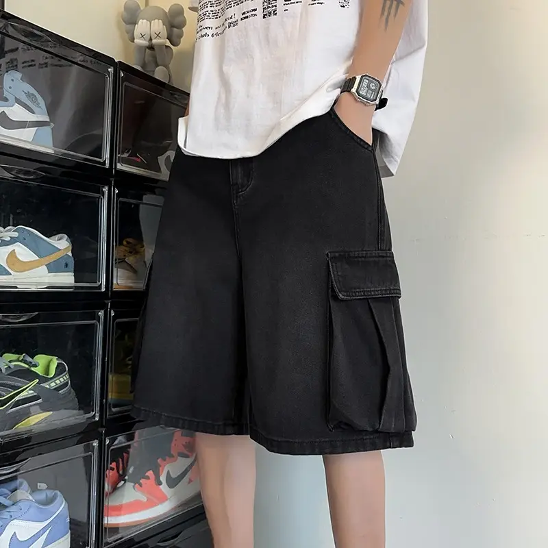 Denim Shorts Retro Fashion Elastic Waist Loose Straight Leg Large Pocket Shorts Brand Men's Clothing Summer Men's Workwear
