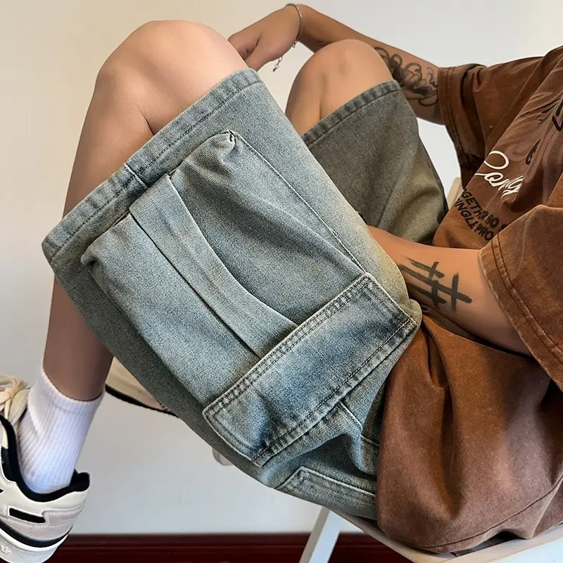 Denim Shorts Retro Fashion Elastic Waist Loose Straight Leg Large Pocket Shorts Brand Men's Clothing Summer Men's Workwear