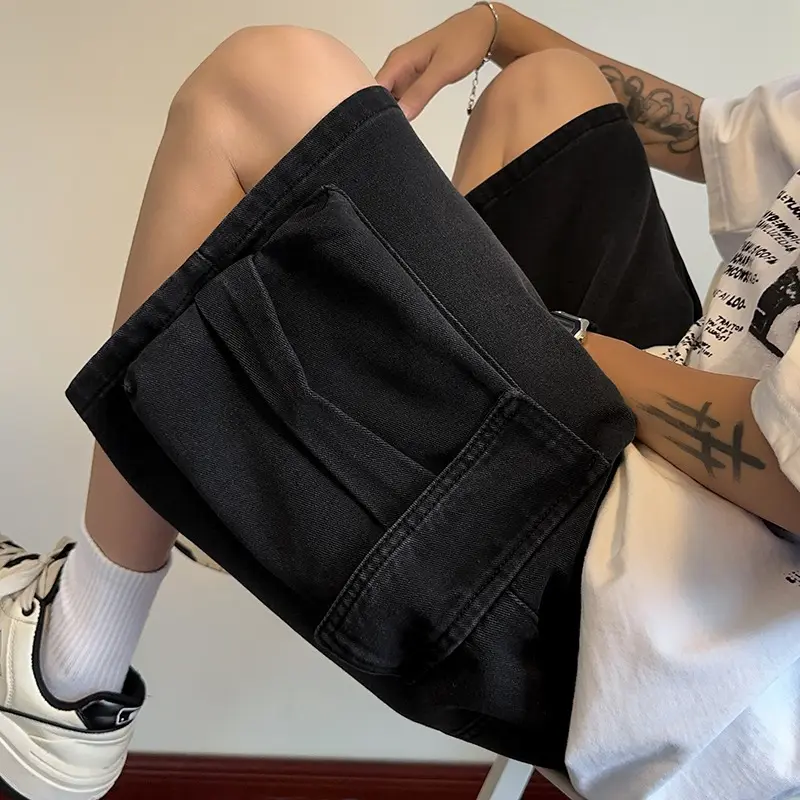Denim Shorts Retro Fashion Elastic Waist Loose Straight Leg Large Pocket Shorts Brand Men's Clothing Summer Men's Workwear