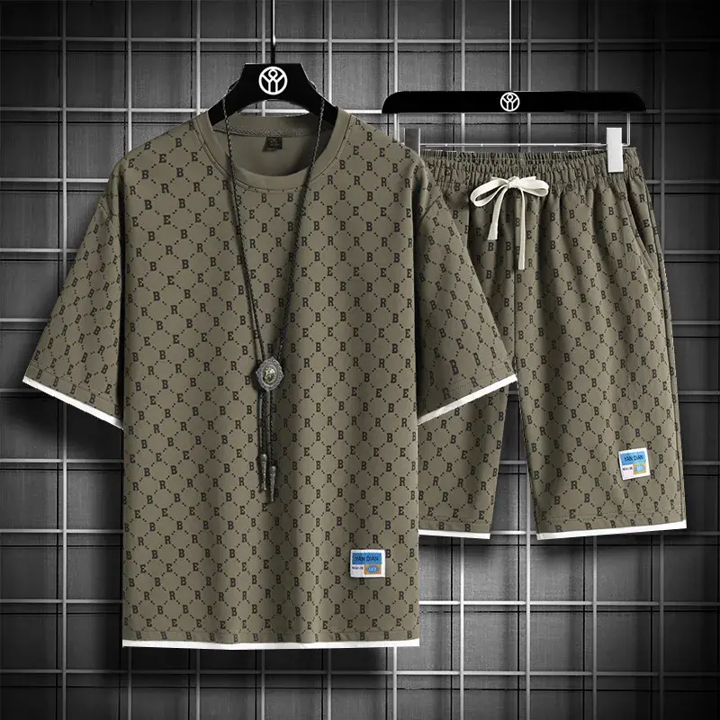 2025 Summer New Fashion Trend Men's Casual Relaxed Comfortable High Quality Plus-Size Two-Piece Sets M-5XL Checkered Sports Suit
