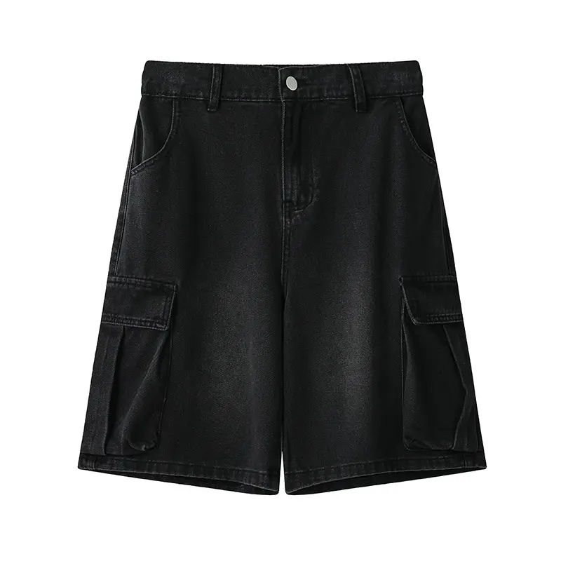 Denim Shorts Retro Fashion Elastic Waist Loose Straight Leg Large Pocket Shorts Brand Men's Clothing Summer Men's Workwear