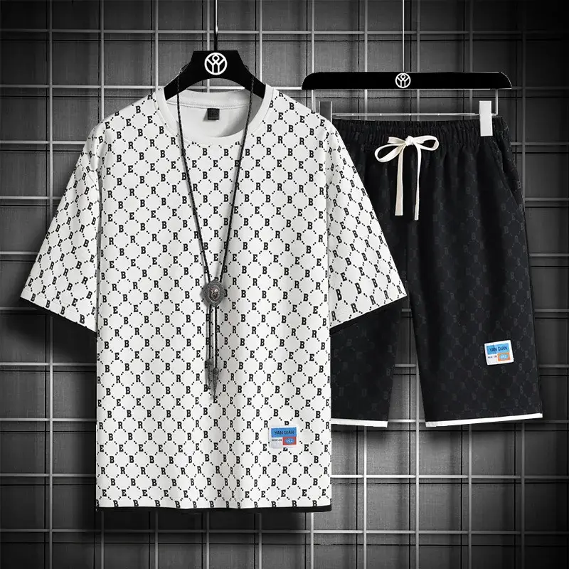 2025 Summer New Fashion Trend Men's Casual Relaxed Comfortable High Quality Plus-Size Two-Piece Sets M-5XL Checkered Sports Suit