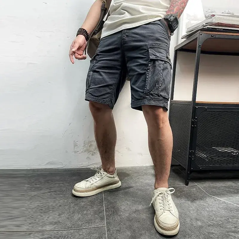 Men Summer New Multi Pockets Cotton Cargo Shorts Outdoor Breathable Shorts Male Men Fashion Solid Quick Dry Joggers Shorts Pants