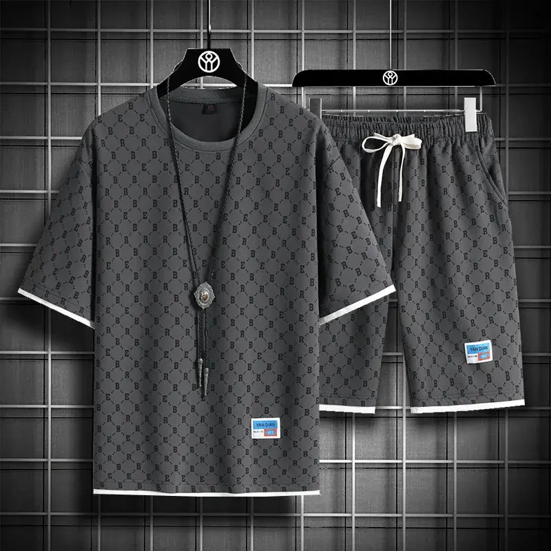 2025 Summer New Fashion Trend Men's Casual Relaxed Comfortable High Quality Plus-Size Two-Piece Sets M-5XL Checkered Sports Suit