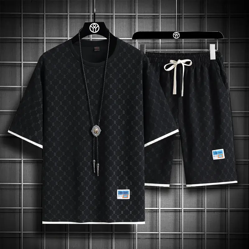 2025 Summer New Fashion Trend Men's Casual Relaxed Comfortable High Quality Plus-Size Two-Piece Sets M-5XL Checkered Sports Suit