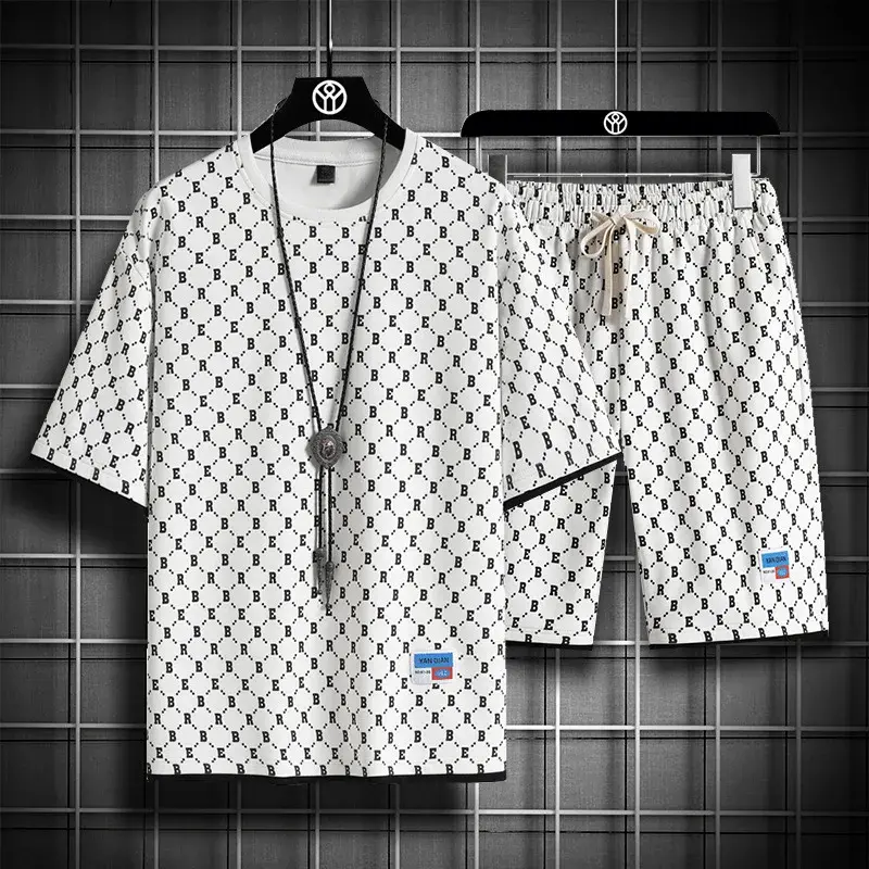 2025 Summer New Fashion Trend Men's Casual Relaxed Comfortable High Quality Plus-Size Two-Piece Sets M-5XL Checkered Sports Suit