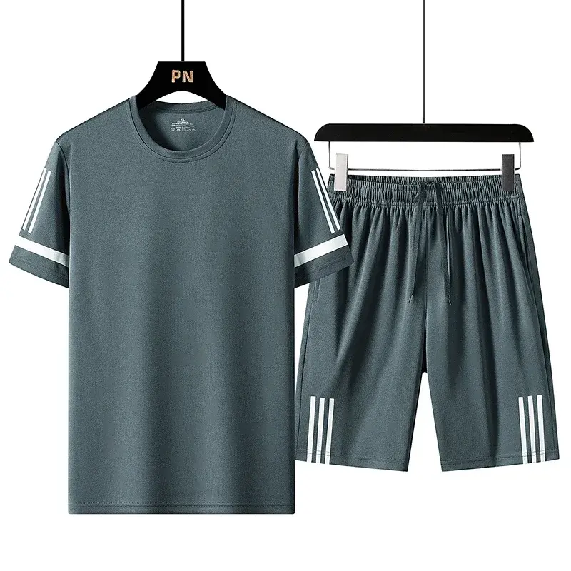 Short Sleeved T-shirt Men New Summer Slim Trendy Brand Ice Silk T-shirt Set of Casual Sports Suit Tracksuit Sweatpants Clothings