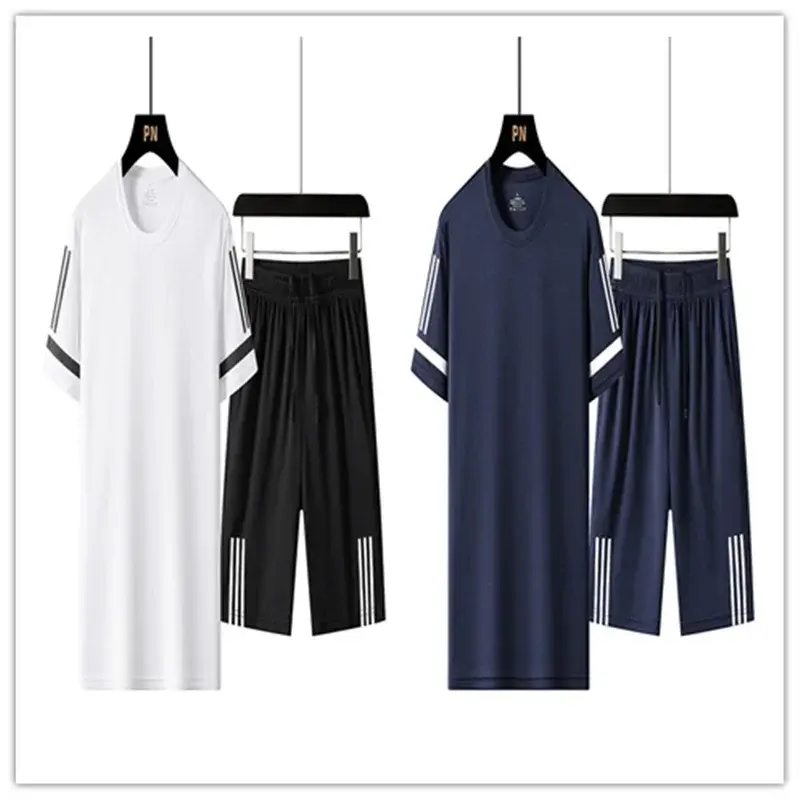 Short Sleeved T-shirt Men New Summer Slim Trendy Brand Ice Silk T-shirt Set of Casual Sports Suit Tracksuit Sweatpants Clothings