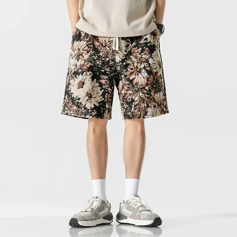 Summer Thin Trendy Drawstring 5/4 Pants for Men Retro Jacquard Male Shorts Loose Handsome Casual Beach Pants Short Fashion Loose