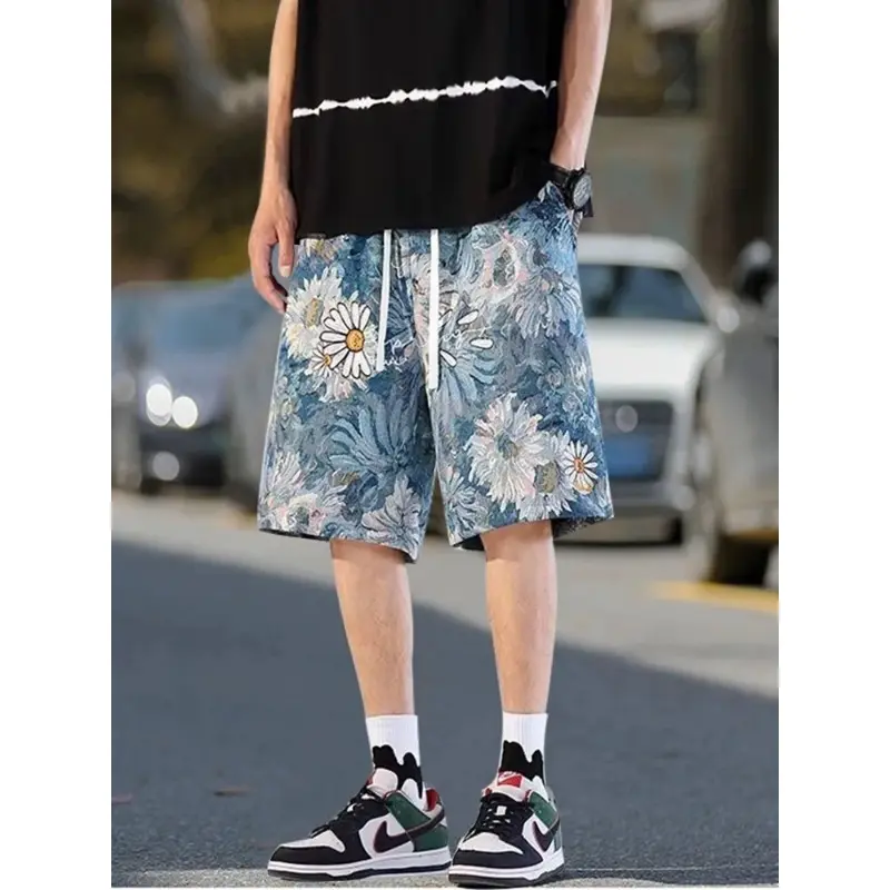 Summer Thin Trendy Drawstring 5/4 Pants for Men Retro Jacquard Male Shorts Loose Handsome Casual Beach Pants Short Fashion Loose