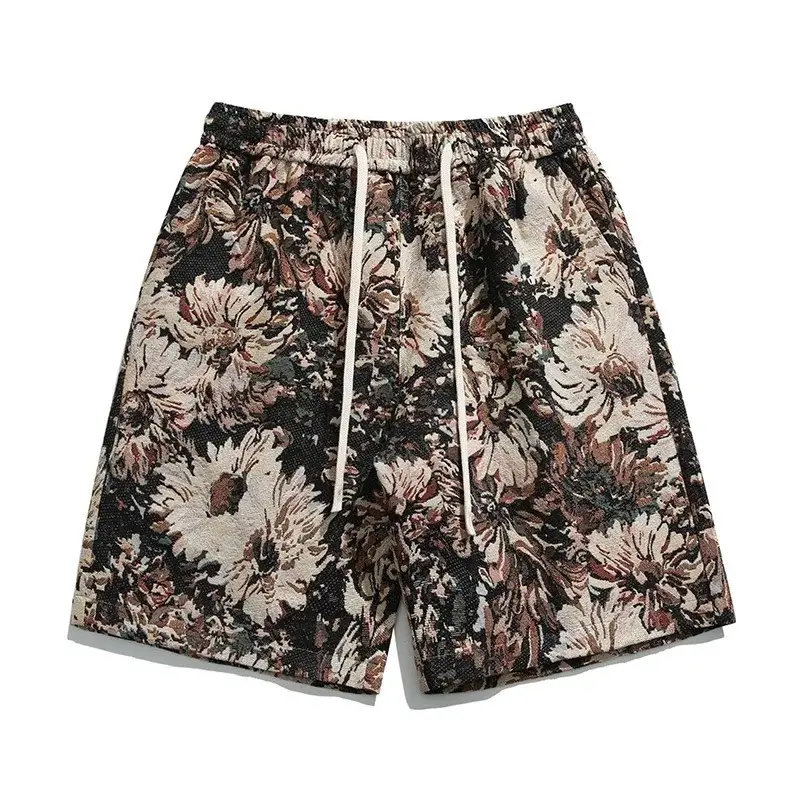 Summer Thin Trendy Drawstring 5/4 Pants for Men Retro Jacquard Male Shorts Loose Handsome Casual Beach Pants Short Fashion Loose