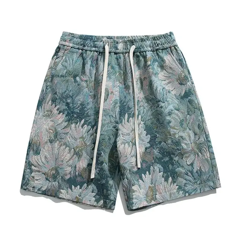 Summer Thin Trendy Drawstring 5/4 Pants for Men Retro Jacquard Male Shorts Loose Handsome Casual Beach Pants Short Fashion Loose