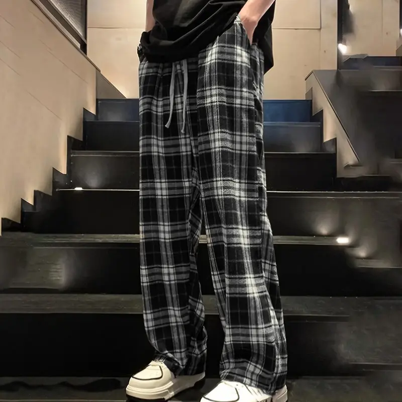 Fashionable Business Comfortable Home Outdoor Loose Casual Pant 2025 High Street Men's Checkered Pants Drawstring Plaid Trousers