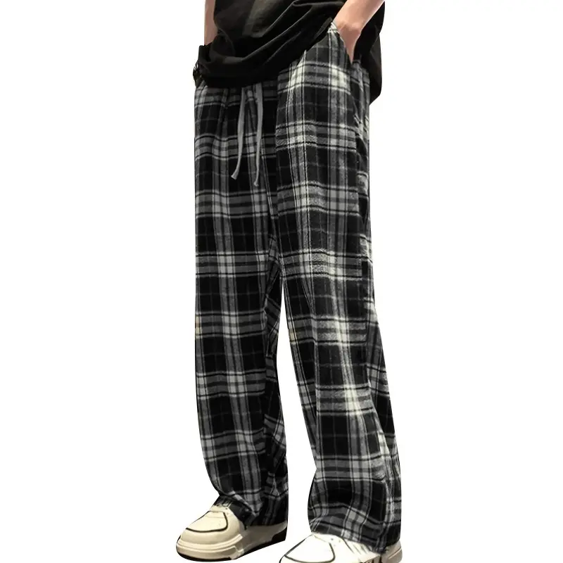 Fashionable Business Comfortable Home Outdoor Loose Casual Pant 2025 High Street Men's Checkered Pants Drawstring Plaid Trousers