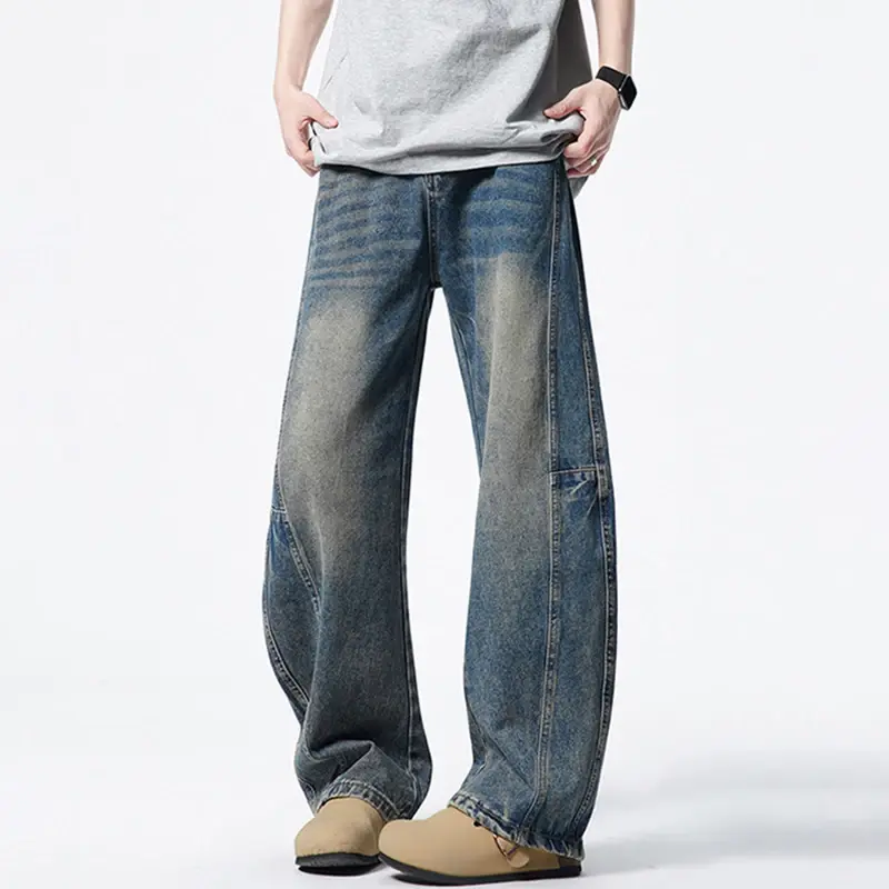 Curved Knife Design Jeans Male Bottoms American Style Washed Loose Splicing Men's Denim Pants Summer New Trendy Baggy Jeans