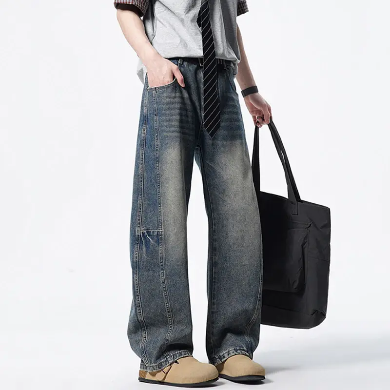 Curved Knife Design Jeans Male Bottoms American Style Washed Loose Splicing Men's Denim Pants Summer New Trendy Baggy Jeans